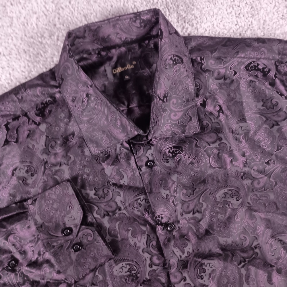 DiBanGu XL Silk Purple Jacquard Weave Paisley Button Down Mens Dress Shirt